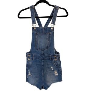 H&M Divided Y2K Size 4 Sm Distressed Denim Bib Overall Shorts Shortalls Raw Hem